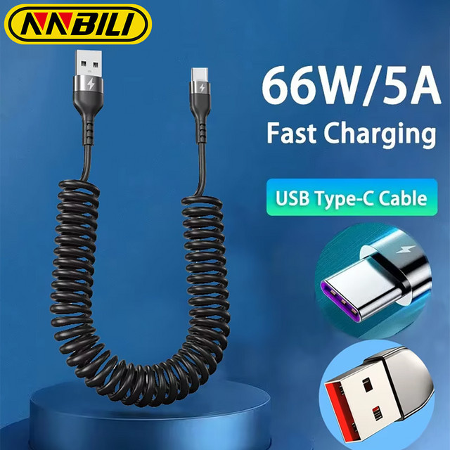 NNBILI USB-C Schnellladekabel 66W 5A mit Teleskop-Funktion für Auto und Smartphone in Schwarz - Bild 1