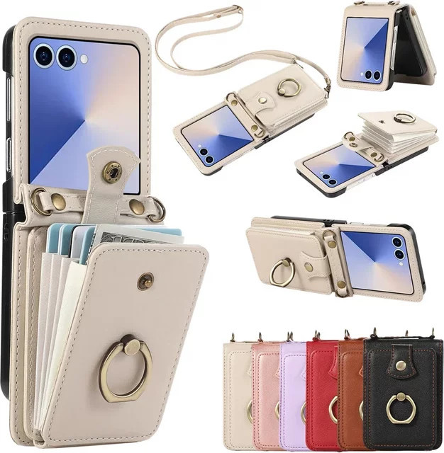 Leder Umhängetasche mit Fingerringhalter und Kartenfach als Handyhülle für Samsung Galaxy Z Flip 7 6 5 4 3 FE in Purple - Bild 1