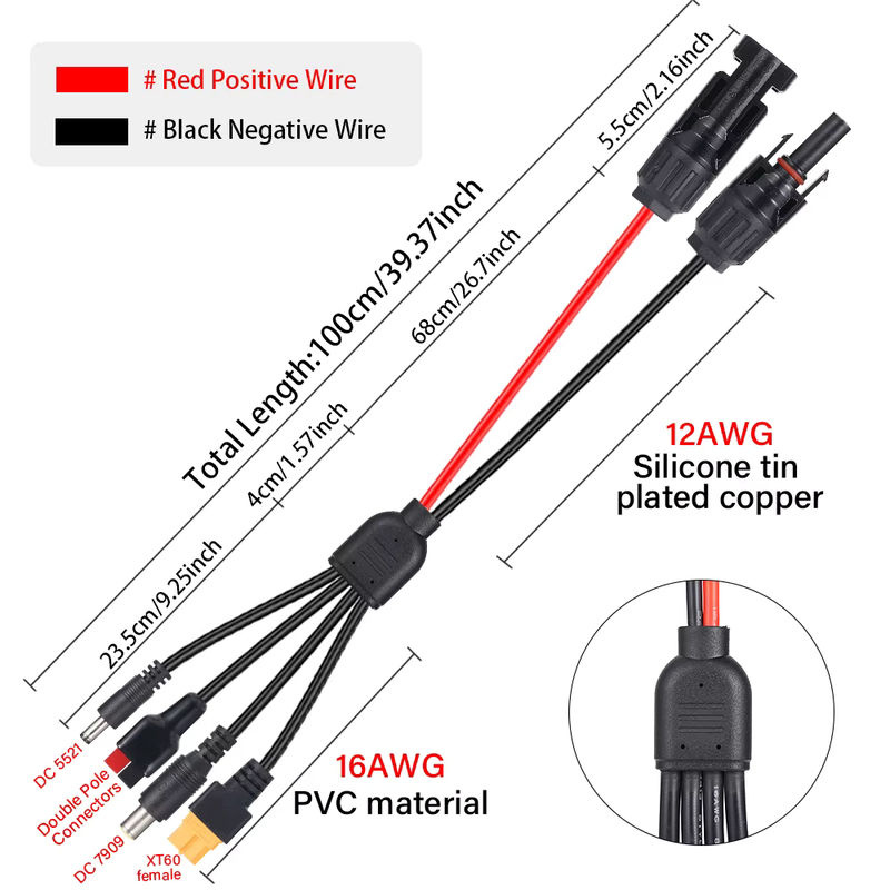 4-in-1 Solarpanel-Verlängerungskabel mit XT60, DC5521 und DC7909 Anschlüssen, 12 AWG, bipolarer Glied, verzinnter Silikondraht, Schwarz - Bild 2