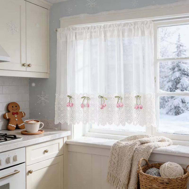 Tiyana Transparenter Kurzvorhang mit weißer Tulpen-Spitzenstickerei im Shabby Chic Stil - Bild 2