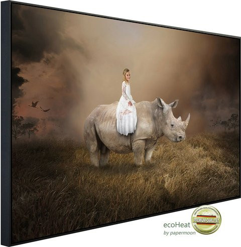 papermoon Infrarotheizung EcoHeat Surreales Mädchen auf Nashorn in Bunt mit Matt-Effekt, App-Steuerung und Überhitzungsschutz - Bild 1