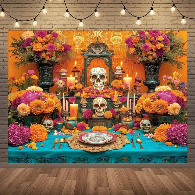 Mexikanischer Day of the Dead Altar Hintergrund aus Polyester in Multicolour, B/H: 150 x 110 cm - Bild 1