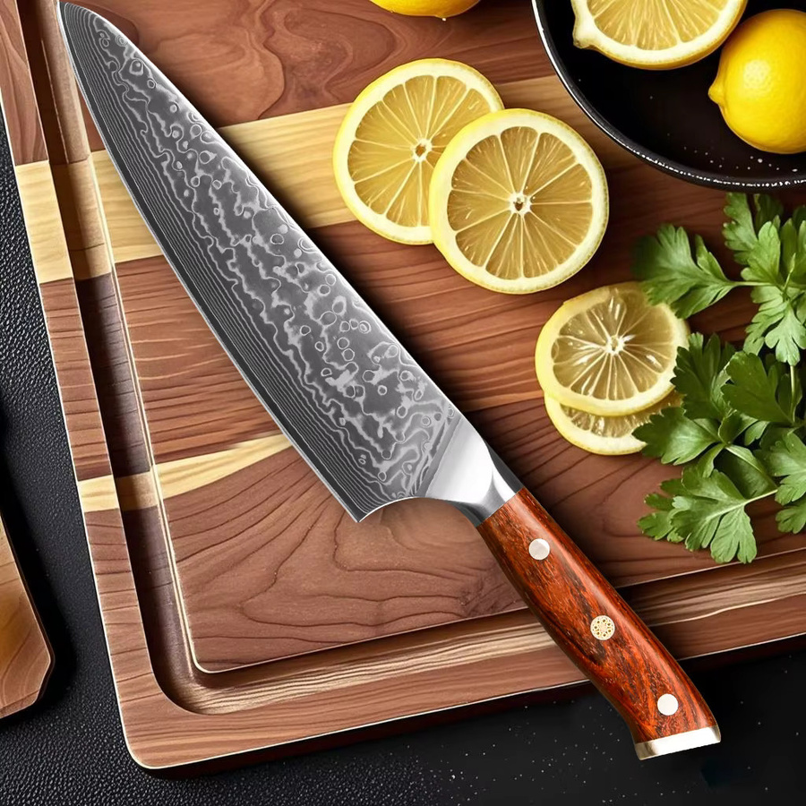 Baovim Santoku-Kochmesser aus geschmiedetem Damaststahl und Edelstahl mit Palisandergriff in Silber und Braun - Bild 2