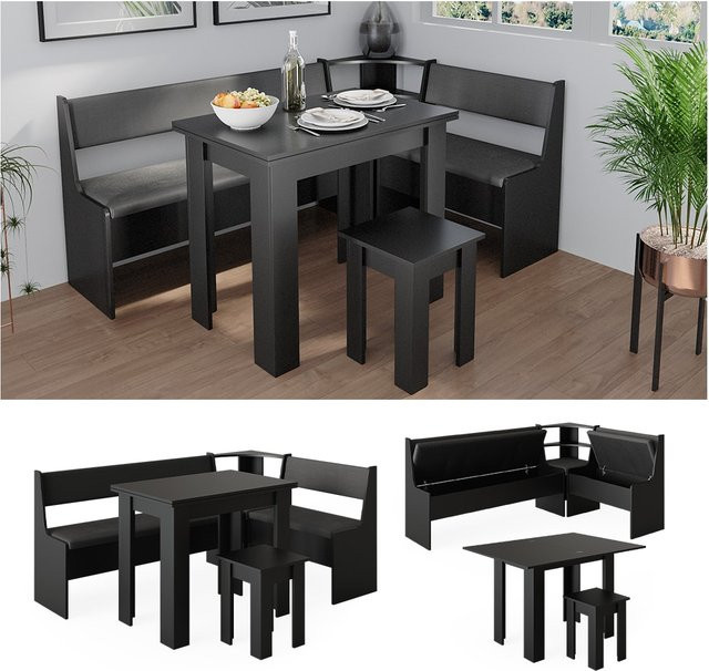 Vicco Eckbankgruppe Roman modern in Schwarz mit ausklappbarem Tisch und Sitzbank für Küche und Esszimmer - Bild 1