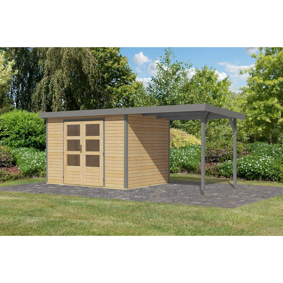 Karibu Gartenhaus Ernesto mit Anbaudach in Natur/Grau, B/T/H: 209 x 298 x 213 cm - Bild 2