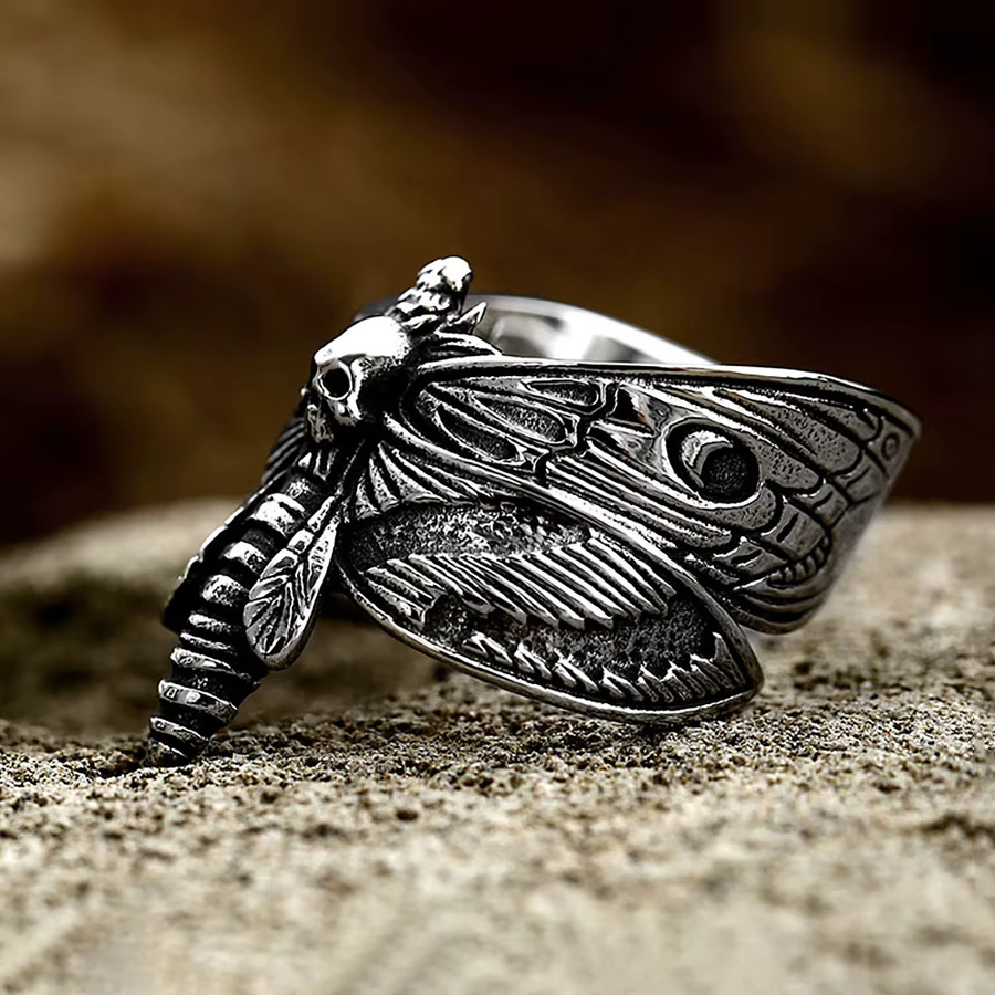 NORTHMAN Ring Schmetterling Schädel, Edelstahl, Silber, Unisex, Vintage - Bild 2
