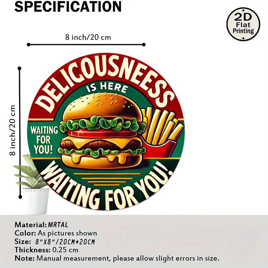 Potdemiel Vintage Metall-Wandblechschild rund Deliciousness is Here Burger & Fries Design, Mehrfarbig, Durchmesser: 20,32 cm - Bild 2