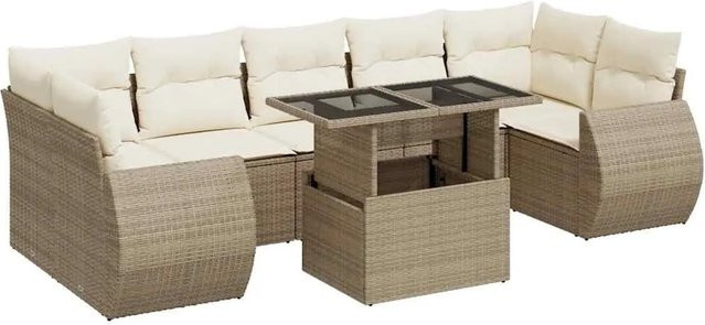 vidaXL 8-tlg Garten-Sofagarnitur in L-Form aus Poly-Rattan mit Kissen in Beige-Creme - Bild 1