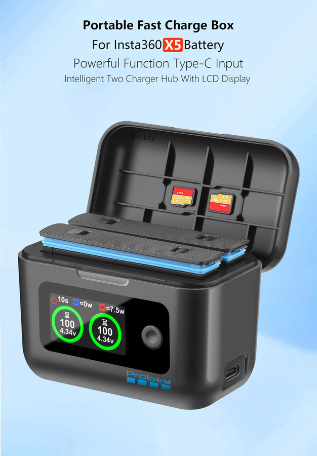Insta360 X5 Zubehör Set mit 2850 mAh Batterie und LCD 2-Slot Schnellladebox in Schwarz - Bild 4