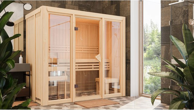 Karibu Sauna View 2 Set naturbelassen mit 3,6kW finnischem Ofen - Bild 1