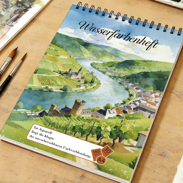 Professionelles Aquarell-Skizzenbuch A4 mit Spiralbindung, 30 Blatt säurefreies Papier mit 180g/m², River Bend Vineyard & Castle Cover - Bild 1
