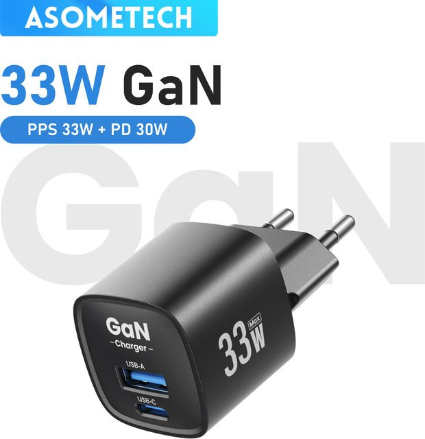 ASOMETECH 33W GaN USB-C Ladegerät mit Dual-Ports in Schwarz für iPhone, iPad und Samsung - Bild 1