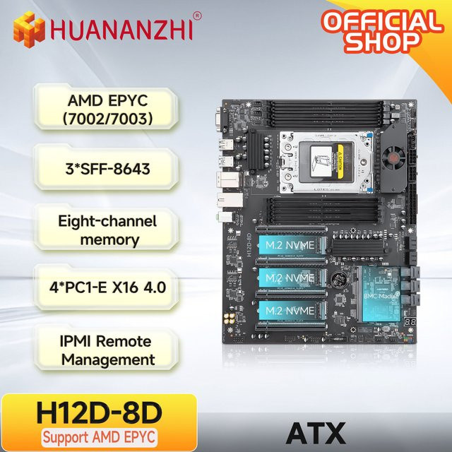 HUANANZHI H12D-8D AMD Motherboard für AMD EPYC 7002 und 7003 Serie mit 8-Kanal DDR4 Speicher und Dual 2.5G Netzwerk IPMI in Schwarz - Bild 1