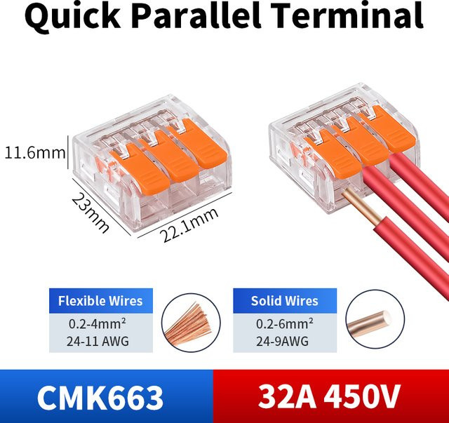 JINH Schnellverbinder CMK66 für parallele Verkabelung, transparente elektrische Spleißverbinder mit 3 Anschlüssen, 0,2–6 mm²/24–9 AWG - Bild 1
