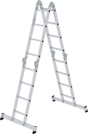 PROREGAL Vielzweckleiter 4-teilig mit Traverse, 4 x 4 Sprossen, Silber