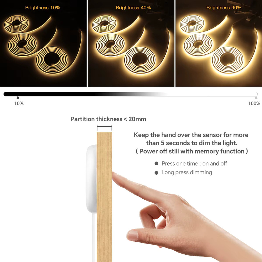 Gyarfas Neon COB LED-Streifenlicht Set mit dimmbarer Holz-Touch-Schalter, weiß, wasserdichtes Silikon-Klebeband - Bild 2