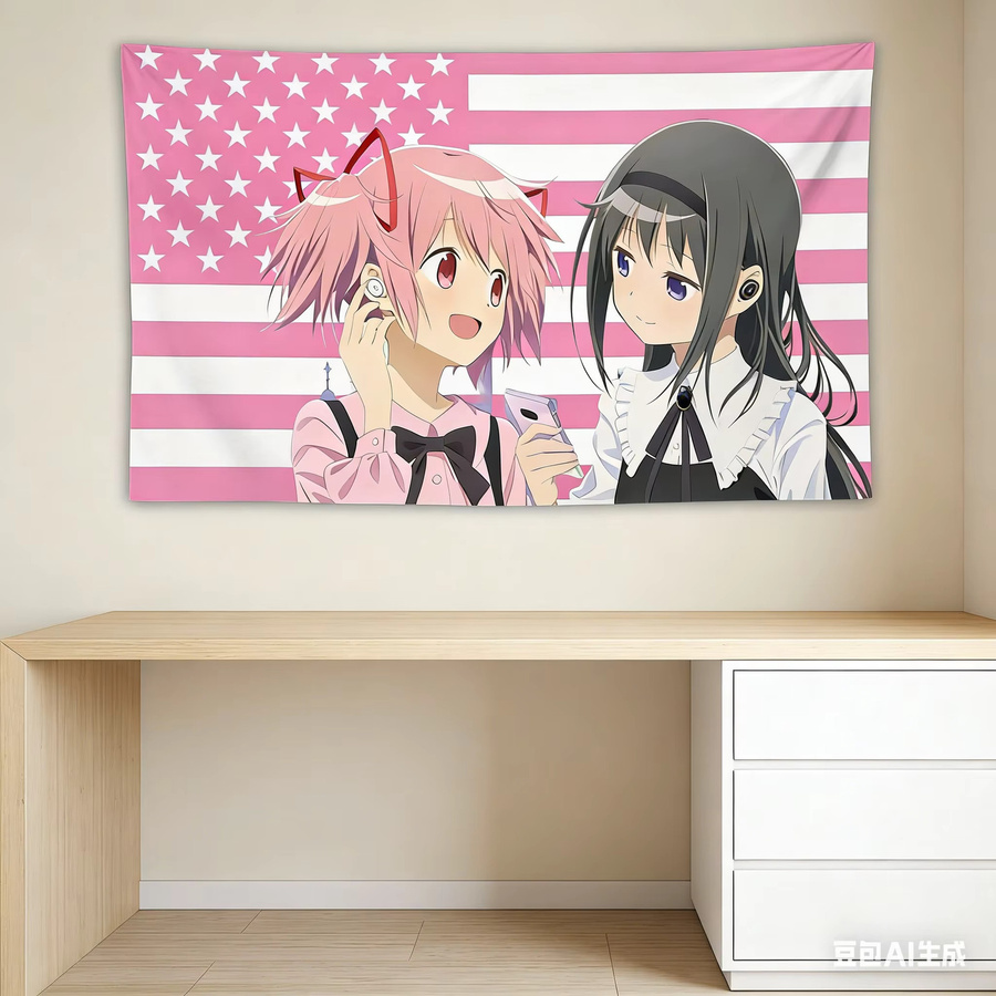 Anime Wandteppich Madoka & Homura mit USA-Flaggen-Druck in Rosa, Polyester Wandbehang für dein Schlafzimmer oder Wohnzimmer, Breite: 60 cm, Höhe: 40 cm - Bild 3