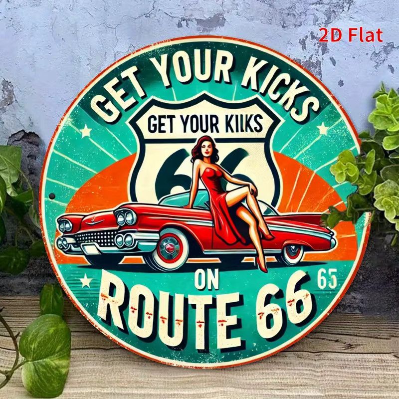 Potdemiel Rundes Metallschild Vintage Red Car on Route 66 Wandkunst Multicolor Durchmesser: 19,81 cm - Bild 5