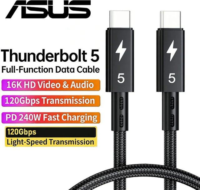 ASUS Thunderbolt 5 USB-C Kabel in Schwarz mit 120Gbps Datenübertragung und 240W Power Delivery für MacBook, iPad, iPhone und Android - Bild 1