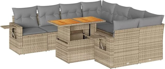 vidaXL 9-teilige Garten-Sofagarnitur in L-Form aus Poly-Rattan und Akazienholz mit Kissen in Beige-Grau - Bild 1