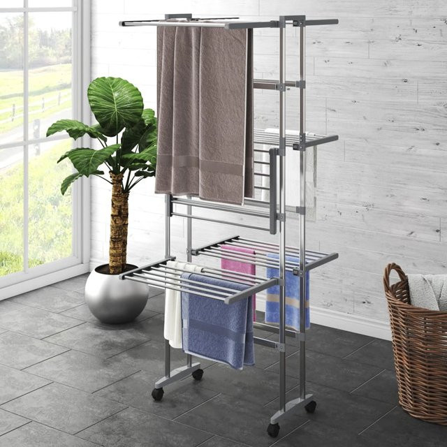 Vidaxl Wäscheständer auf Rädern mit 3 Ebenen in Silber, B/T/H: 60 x 70 x 129 cm - Bild 1