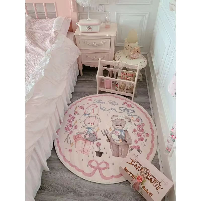 Runder Flanell Teppich mit niedlichem Tier-Design in Pink für Kinderzimmer, Wohnzimmer oder Balkon - Bild 4