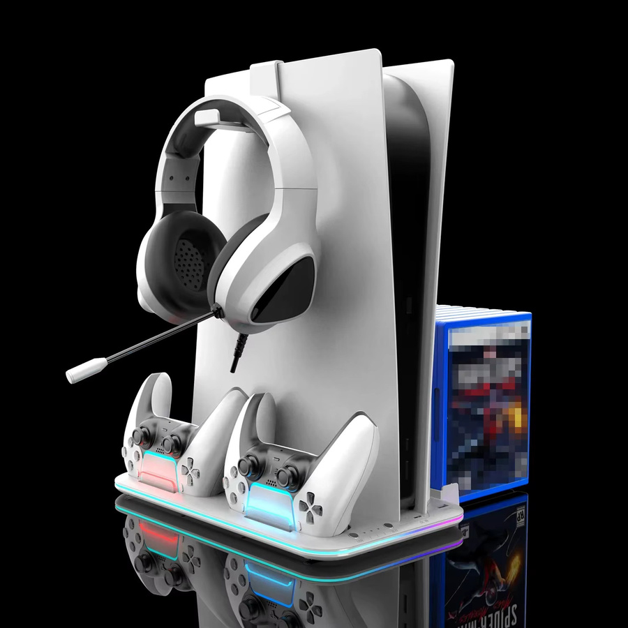 Ladestation für PS5 und PS5 Slim Digital/Disc mit RGB-Licht, 3-stufiger Turbo-Kühlung und Headset-Halterung in Weiß - Bild 4