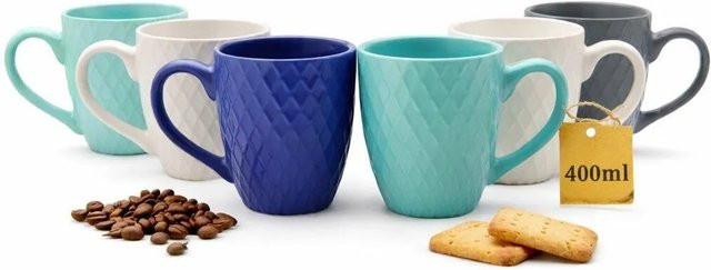 BigDean 6er Set Kaffeebecher aus Steingut mit Waffeldesign, Mehrfarbig, 400 ml pro Tasse - Bild 1
