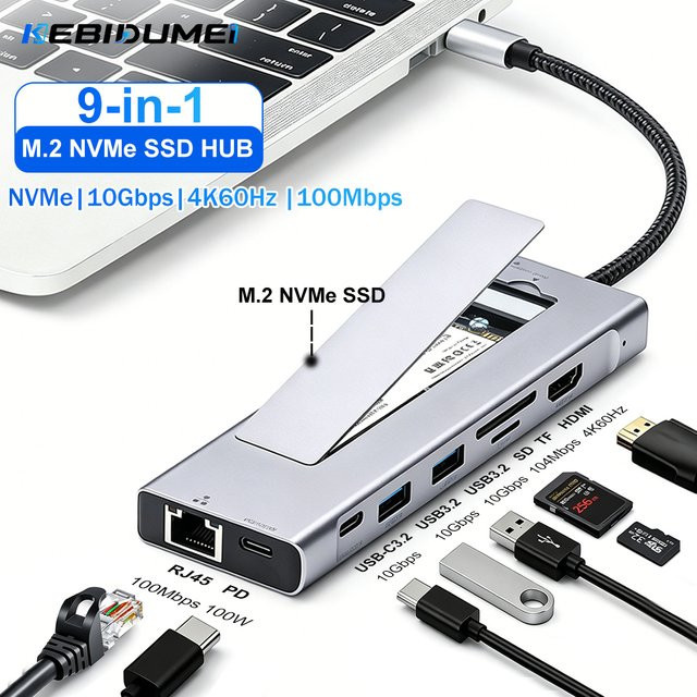 KEBIDUMEI 9 in 1 M.2 NVMe SSD Hub USB-Dockingstation mit USB 3.2 10Gbps, HDMI 4K60Hz, PD 100W und RJ45 Ethernet für PC, Laptop und Macbook - Bild 1