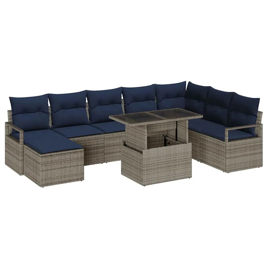 vidaXL Garten-Sofa-Set aus Polyrattan mit 9 Teilen in Grau und Marineblau inklusive Kissen - Bild 2