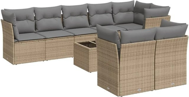 vidaXL 9-teilige Garten-Sofagarnitur aus PE-Rattan in Beige mit Kissen und Stauraum - Bild 1