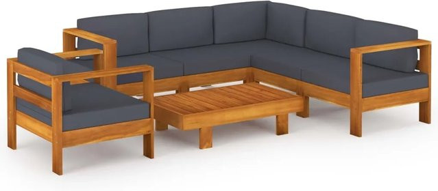 vidaXL 7-tlg Garten-Lounge-Set aus Akazienholz in L-Form mit grauen Polstern aus UV-beständigem Polyester - Bild 1