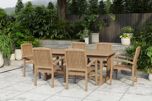 OUTFLEXX Garten-Essgruppe Ontario/Washington aus Teakholz in Natur mit 6 Stapelsesseln und ausziehbarer rechteckiger Tafel - Bild 1