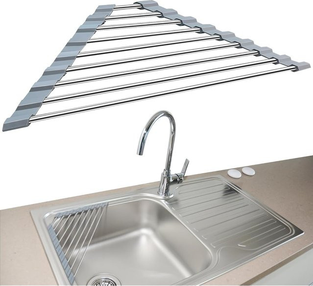 YOCITY Küchenspülen-Wasserfilterregal aus Edelstahl, faltbares dreieckiges Abtropfregal für Schüsseln und Stäbchen in Silber und Grau - Bild 1