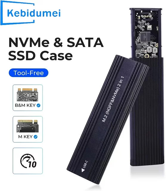 Kebidu M.2 SSD-Gehäuse mit USB Typ C 3.1, 10 Gbit/s, NVMe und SATA Doppelprotokoll, Schwarz - Bild 1