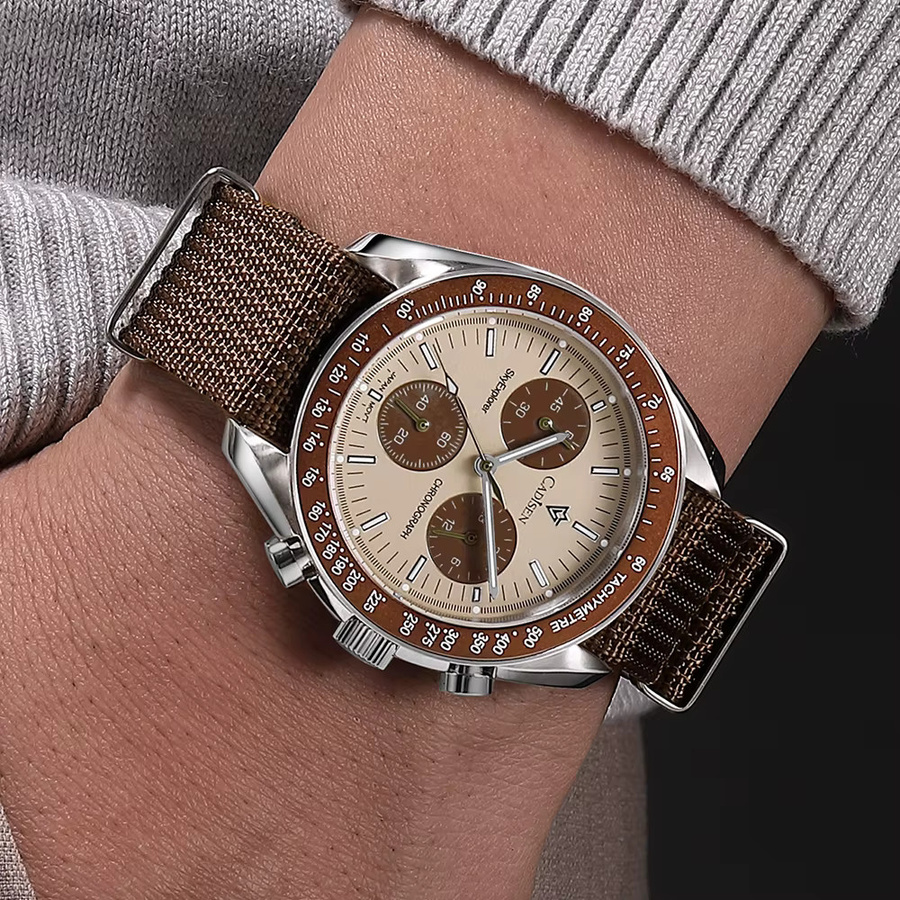 CADISEN Chronograph Armbanduhr, Quarz, Edelstahl, Textil/NATO, Braun, Herren - Bild 3