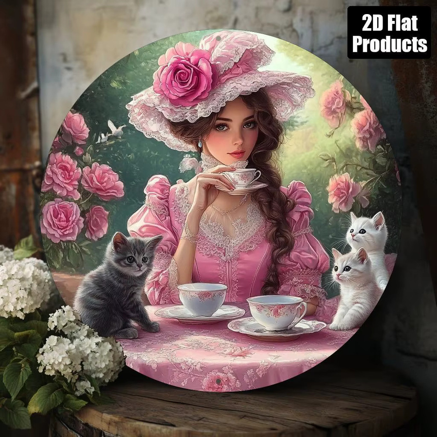 Potdemiel Wandkunst-Dekor im viktorianischen Stil, rundes Aluminiumschild mit Dame in Rosa, Katzen und Blumen, Farbe: Pink/Mehrfarbig, Durchmesser: 20,3 cm - Bild 6
