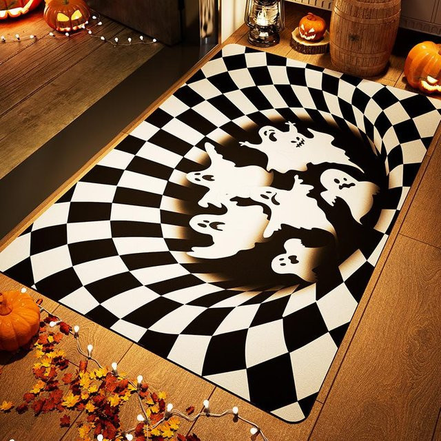 Schachbrett Halloween Fußmatte aus Kristallsamt in Schwarz, schmutzabweisend und rutschfest, B/B: 40 x 60 cm - Bild 1