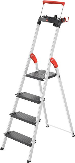 Hailo L100 TopLine Alu-Sicherheits-Stehleiter mit 4 Stufen, Silber/Schwarz, mit Multifunktionsschale und Haltebügel, bis 150 kg - Bild 1