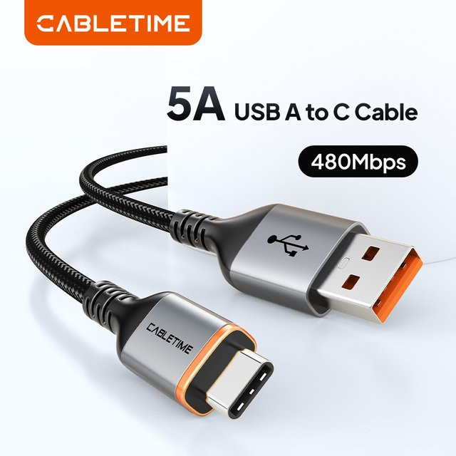 CABLETIME USB C auf USB A Kabel, 5A Hochgeschwindigkeitsübertragung 480 Mbit/s, Schwarz - Bild 1