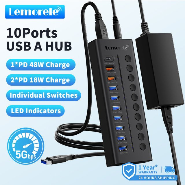 LEMORELE USB C Hub 10-Port Multi USB 3.0 Splitter Dockingstation in Schwarz - Bild 1