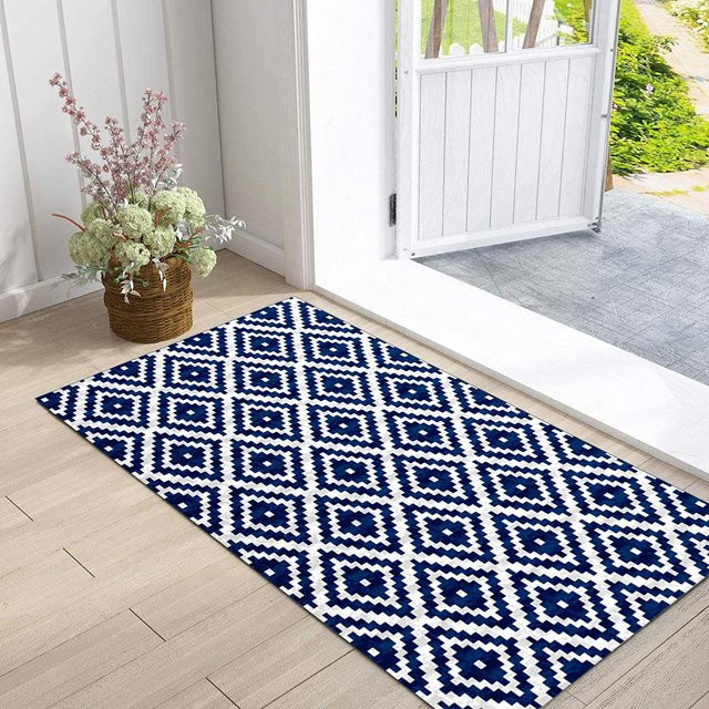 Lodestar Teppich mit geometrischem Muster in Blau, rutschfeste Matte für Wohnzimmer, Küche oder Schlafzimmer, B/T: 40 x 60 cm - Bild 1