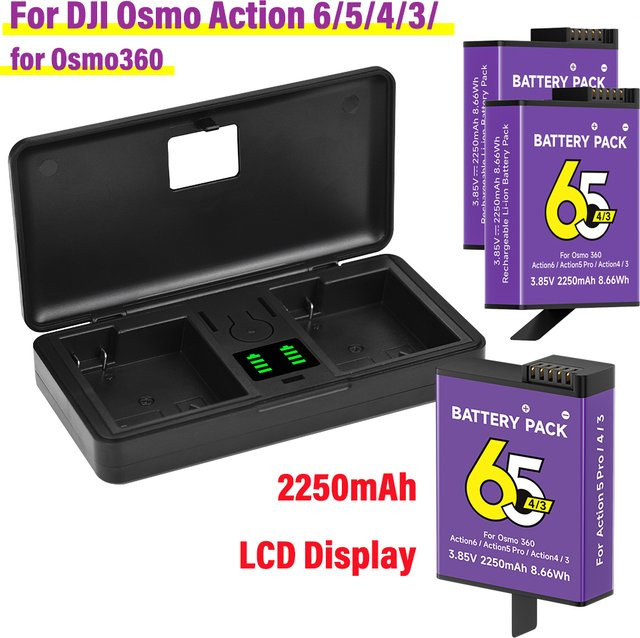 DJI Akku Set für Osmo Action 6 5 Pro 4 3 mit Dual-Schnellladegerät USB, 2250mAh, Schwarz - Bild 1