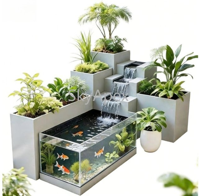 Modernes Wasserfall-Aquarium mit Blumen-Design aus Metall und Acryl in Grau, B/T/H: 140 x 60 x 50 cm - Bild 1