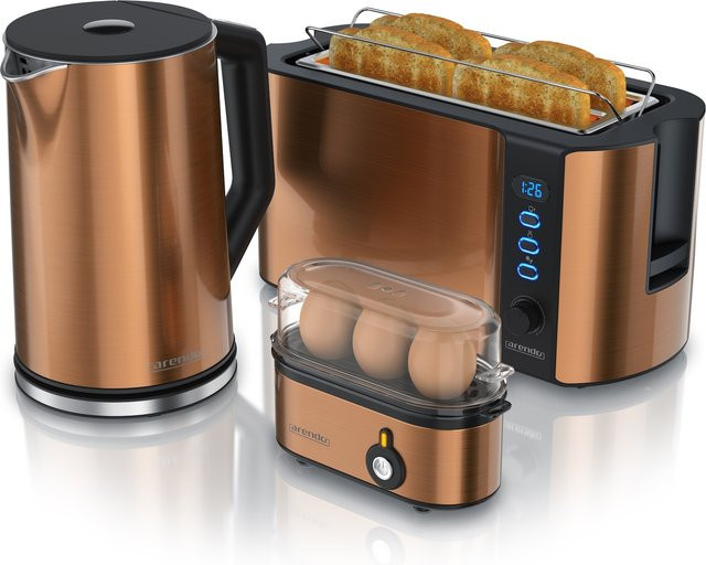 Arendo 3-teiliges Frühstücks-Set in Kupfer mit 4-Scheiben-Langschlitztoaster, 1,5 l Wasserkocher und 3er-Eierkocher - Bild 1