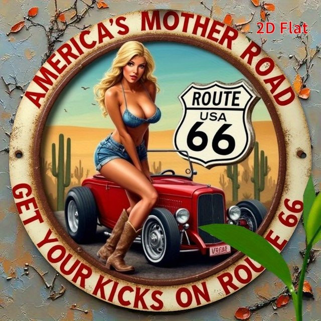 DDPNKL Route 66 Metallschild Retro-Dekoration mit rotem Auto und Pin-Up-Girl in Mehrfarbig, Rund, Durchmesser: 19,7 cm - Bild 1