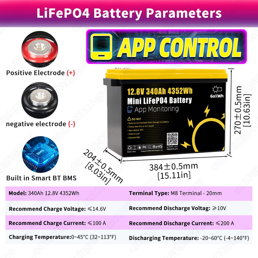 Futuraglow LiFePO4 Batterie 12V 100Ah 340Ah Lithium-Eisenphosphat-Akku mit APP-Steuerung für Solar-Heimenergiespeichersysteme - Bild 2