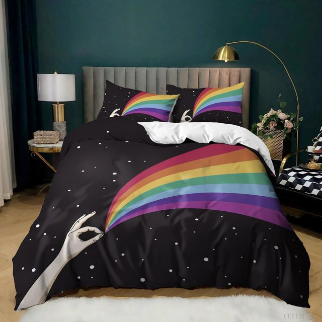Bettbezug Set mit Regenbogenmuster und Herz-Motiv aus Mikrofaser, B/H: 135 x 200 cm, Mehrfarbig von Binchi Outdoor Product - Bild 1