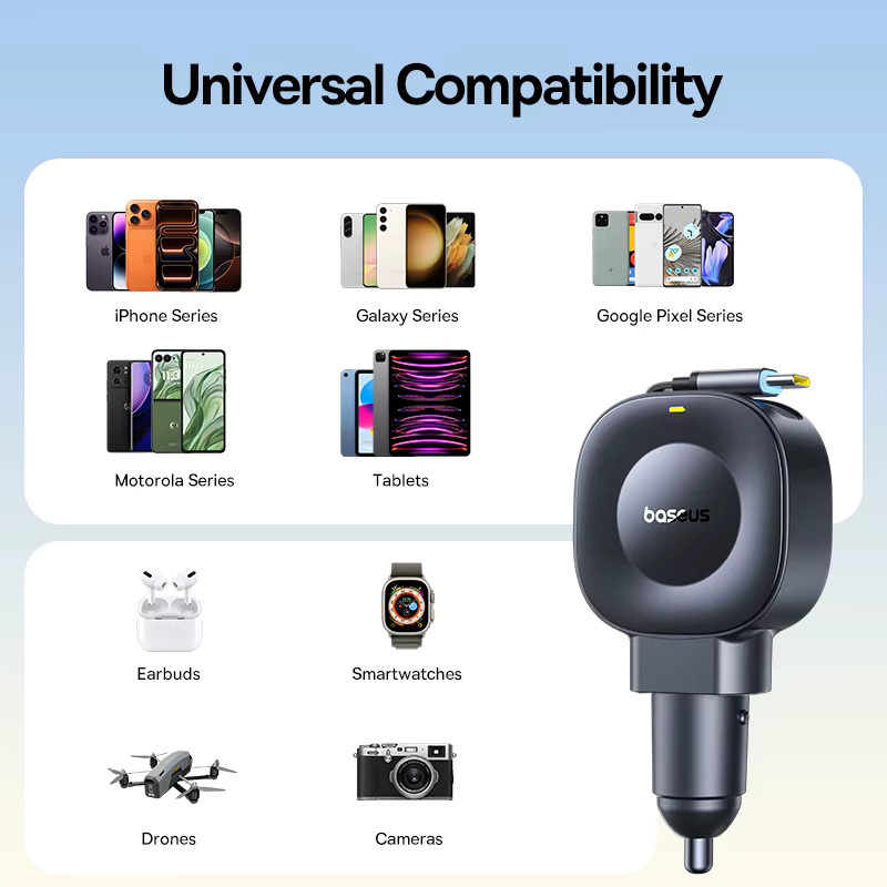 Baseus 45W Autoladegerät mit integriertem einziehbarem Kabel in Schwarz für iPhone, Samsung, Xiaomi und HUAWEI - Bild 6