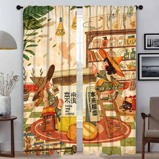 Zweierpack Tüll-Küchenvorhänge mit Grafikdesign für Kinderzimmer und Wohnzimmer, Mehrfarbig, B: 50 cm, H: 70 cm - Bild 1